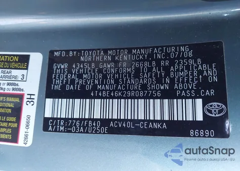 2009 Toyota Camry Le from USA, damaged, VIN 4T4BE46K29R087756